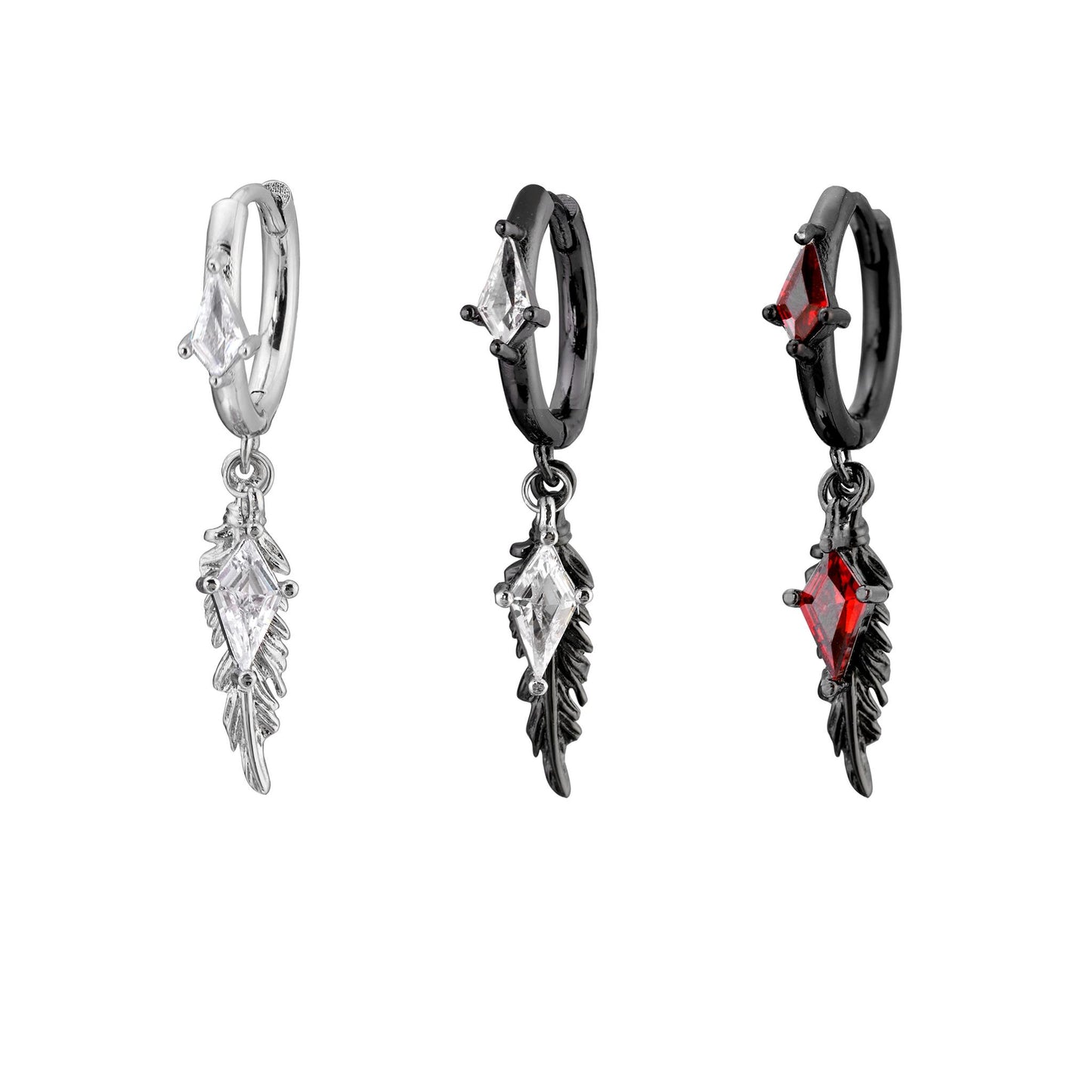 Diamond Charm Feather Drop Earrings