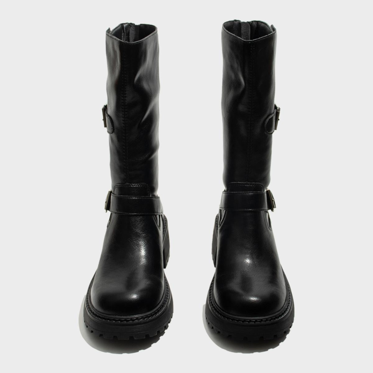 Black Buckled Mid-Calf Boots
