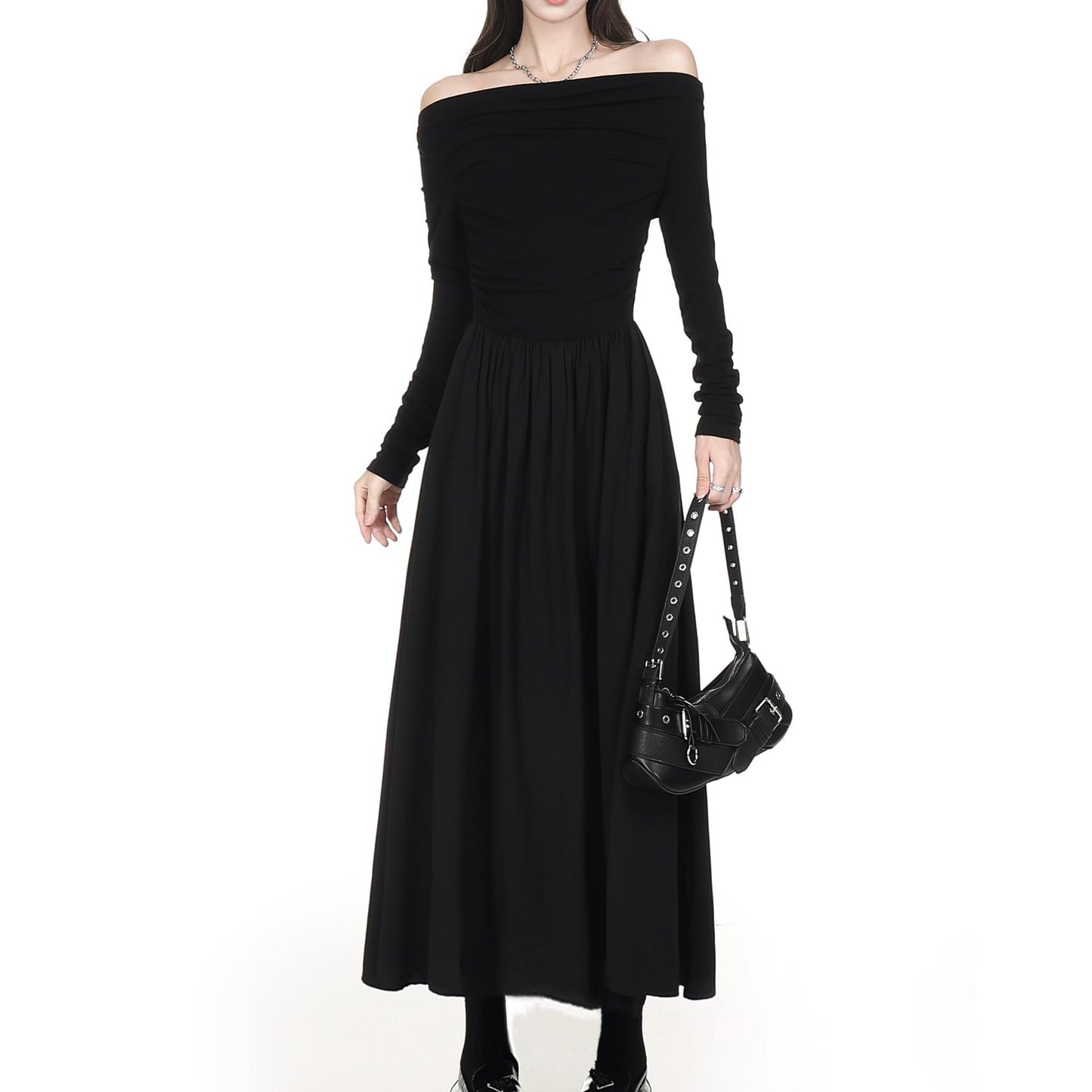 Draped Off Shoulder Long Sleeve Maxi Dress