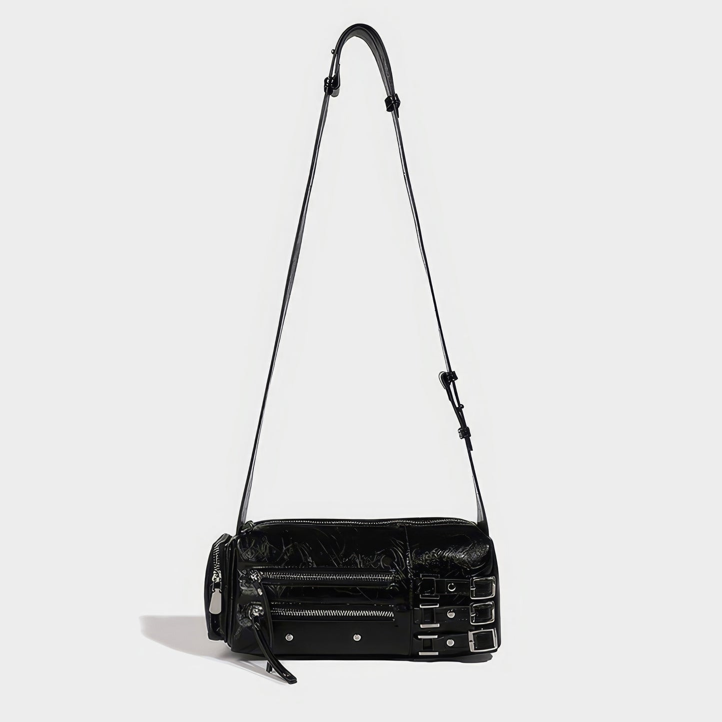 Glossy Buckle Strap Barrel Shoulder Bag