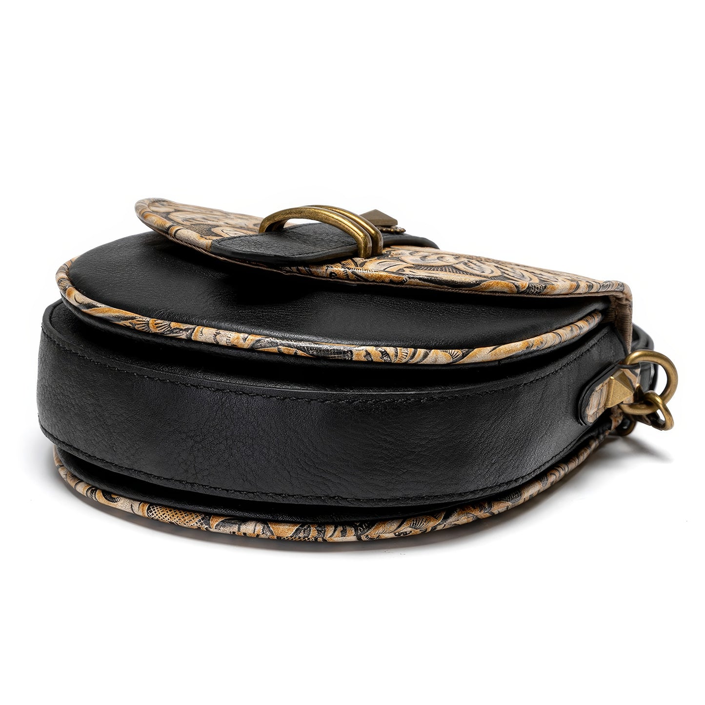 Vintage Leaf Embossed Saddle Crossbody Bag