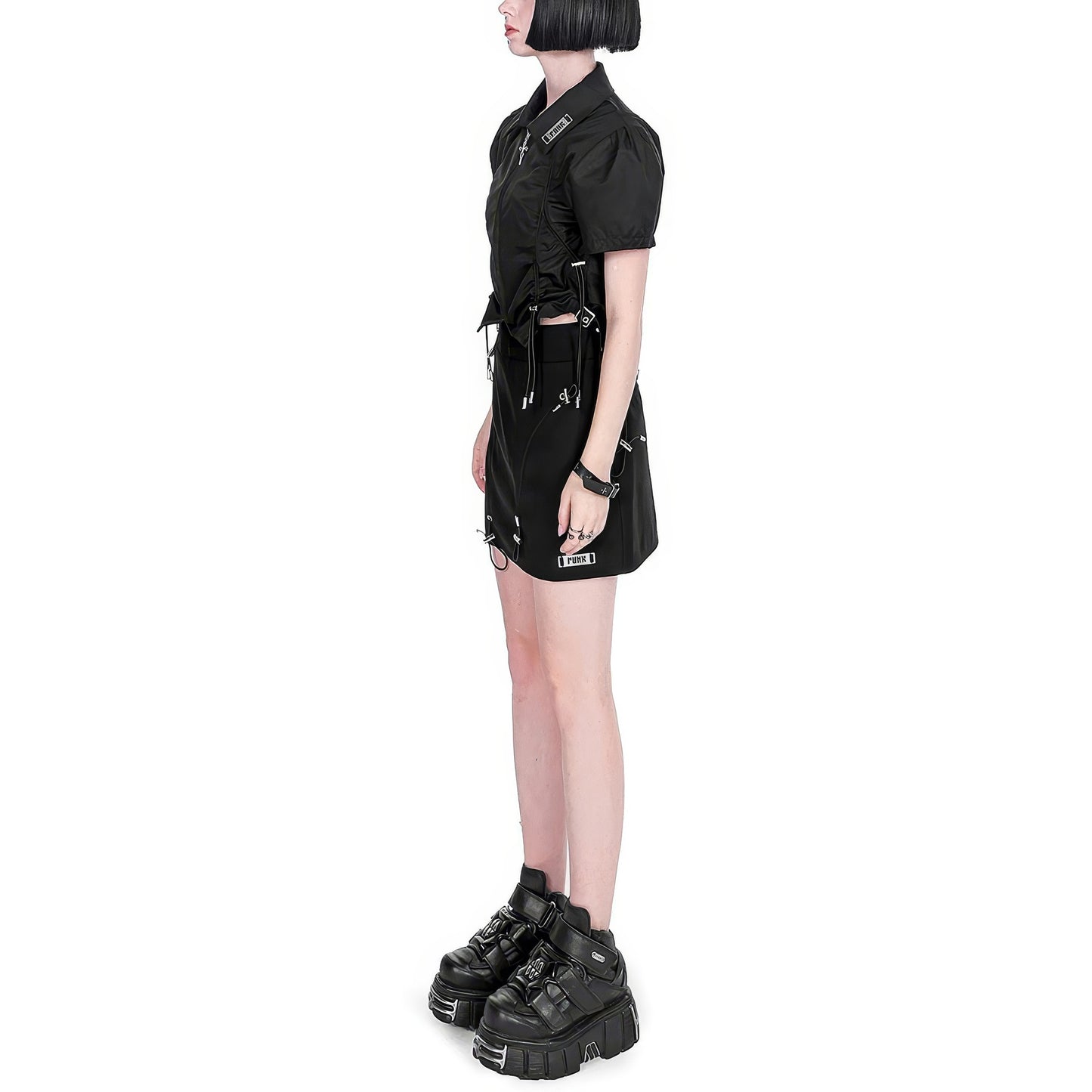 Buckle Strap Drawstring Puff Sleeve Top