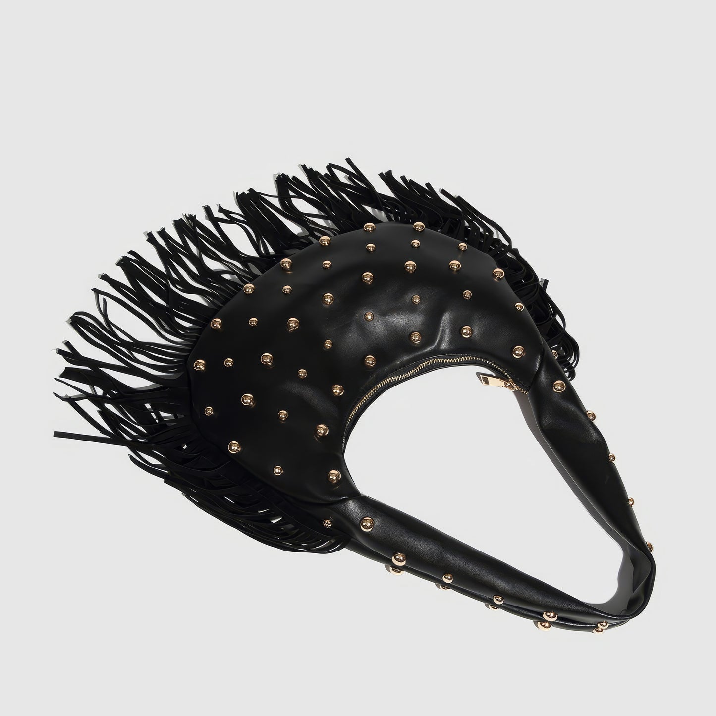 Fringed Studded Crescent Shoulder Bag