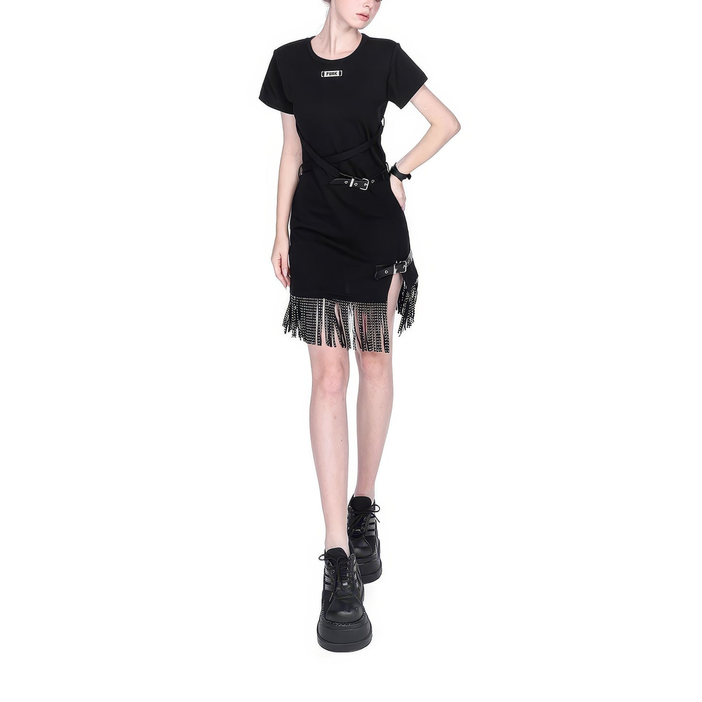 Buckle Strap Asymmetrical Fringe Dress