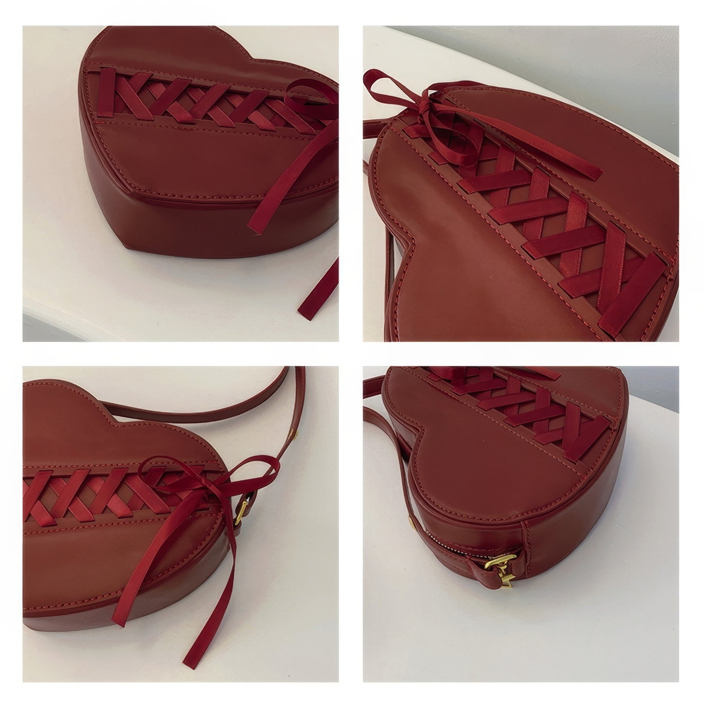 Ribbon Lace-Up Heart Faux Leather Shoulder Bag