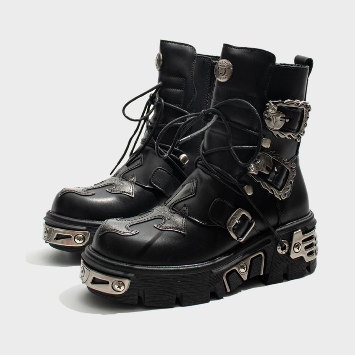 Flame Buckle Metal Accent Platform Boots