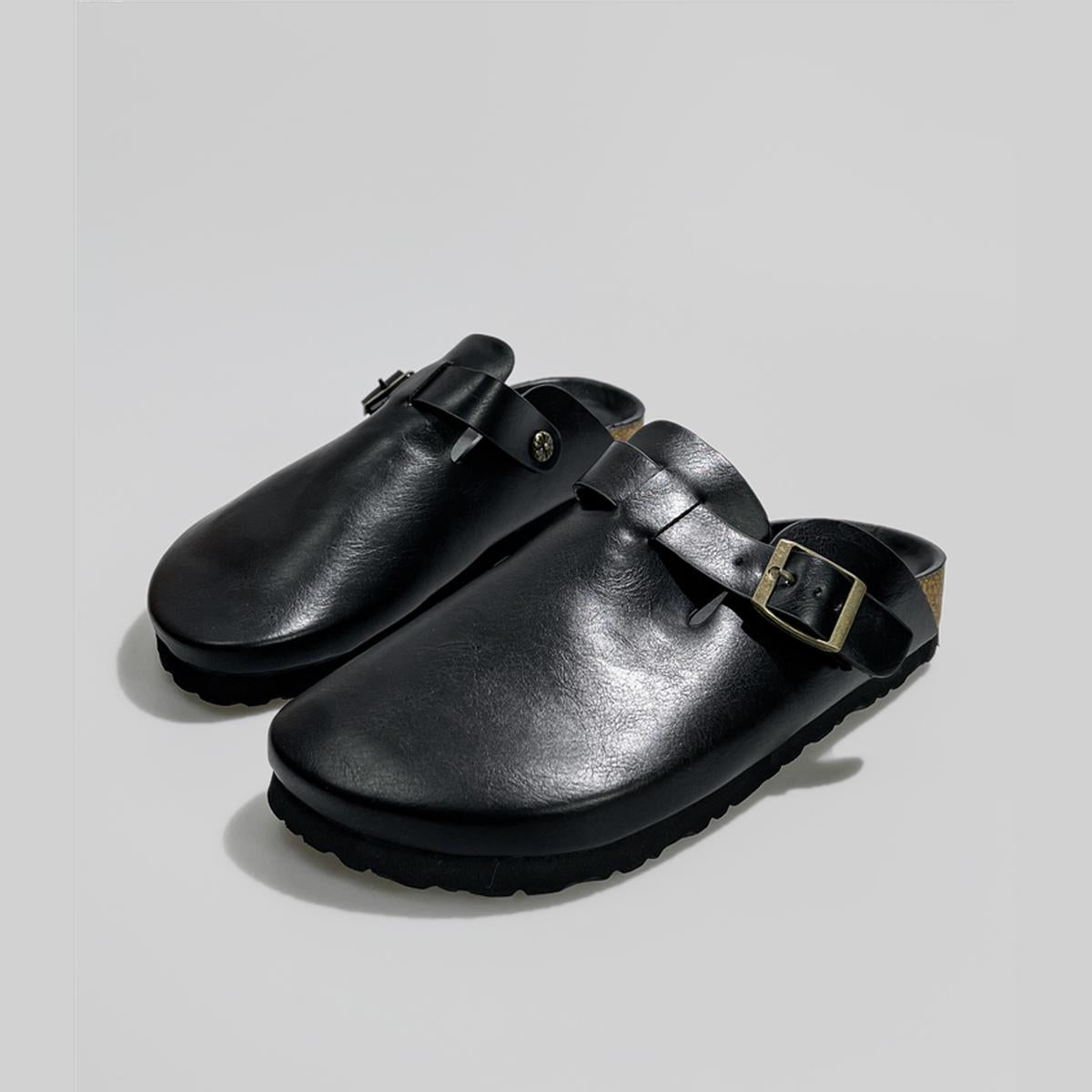 Black Buckle Leather Clogs