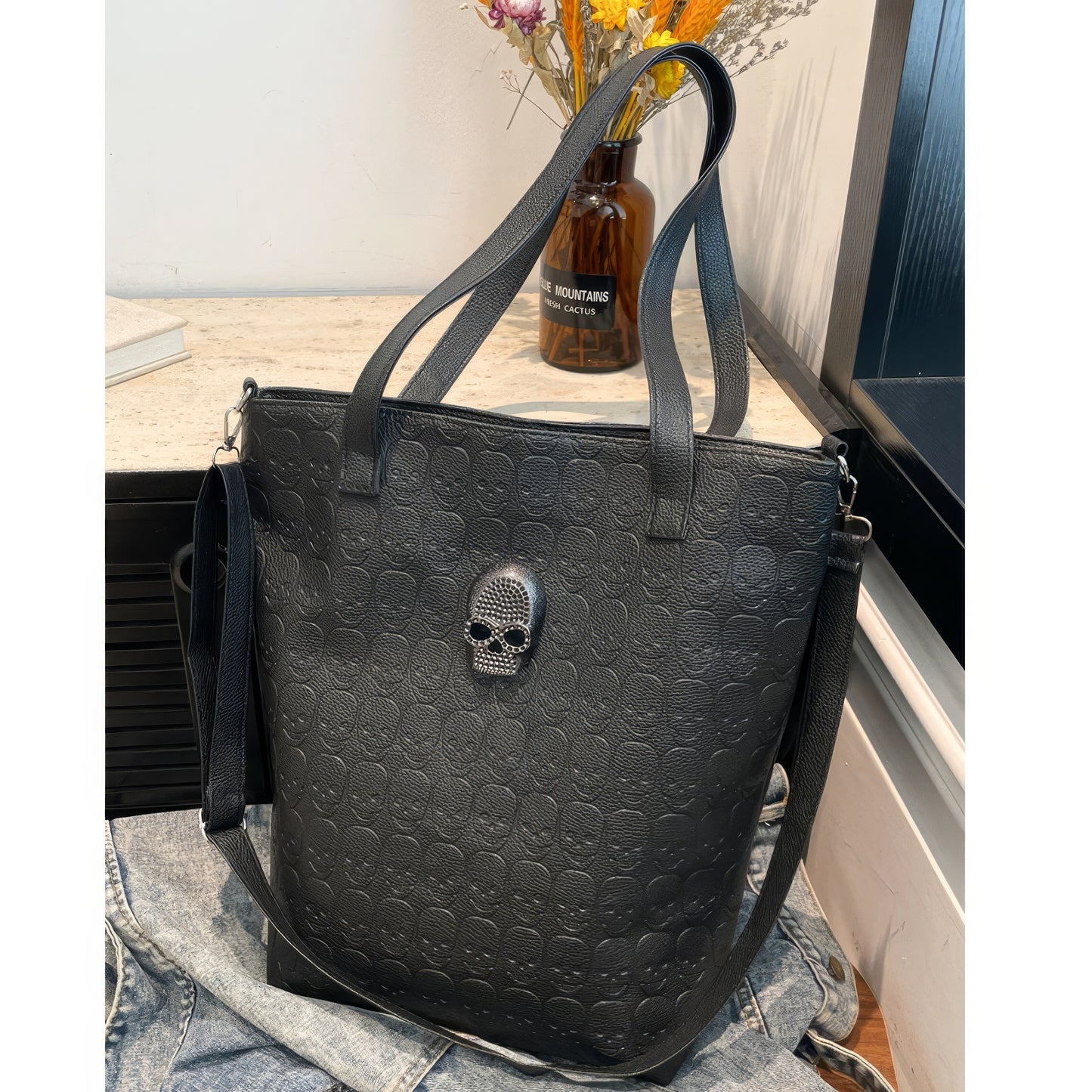 Embossed Skull Accent Structured Tote