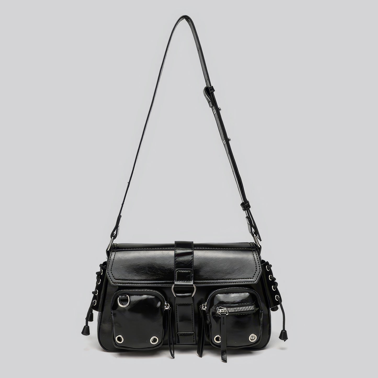 Glossy Buckle Multi-Pocket Shoulder Bag
