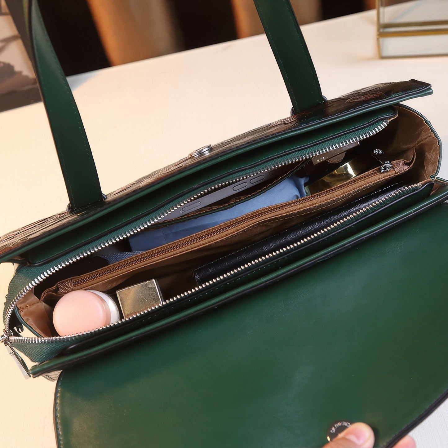 Embossed Koi Floral Green Handle Bag