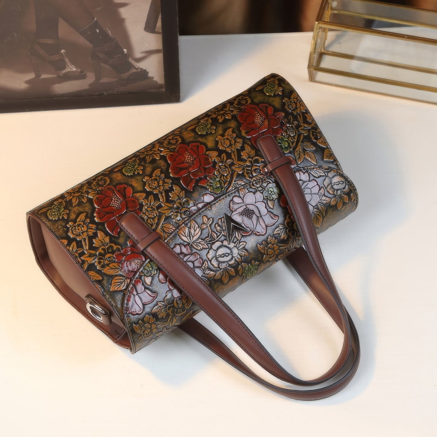 Embossed Burgundy Floral Flap Handle Bag