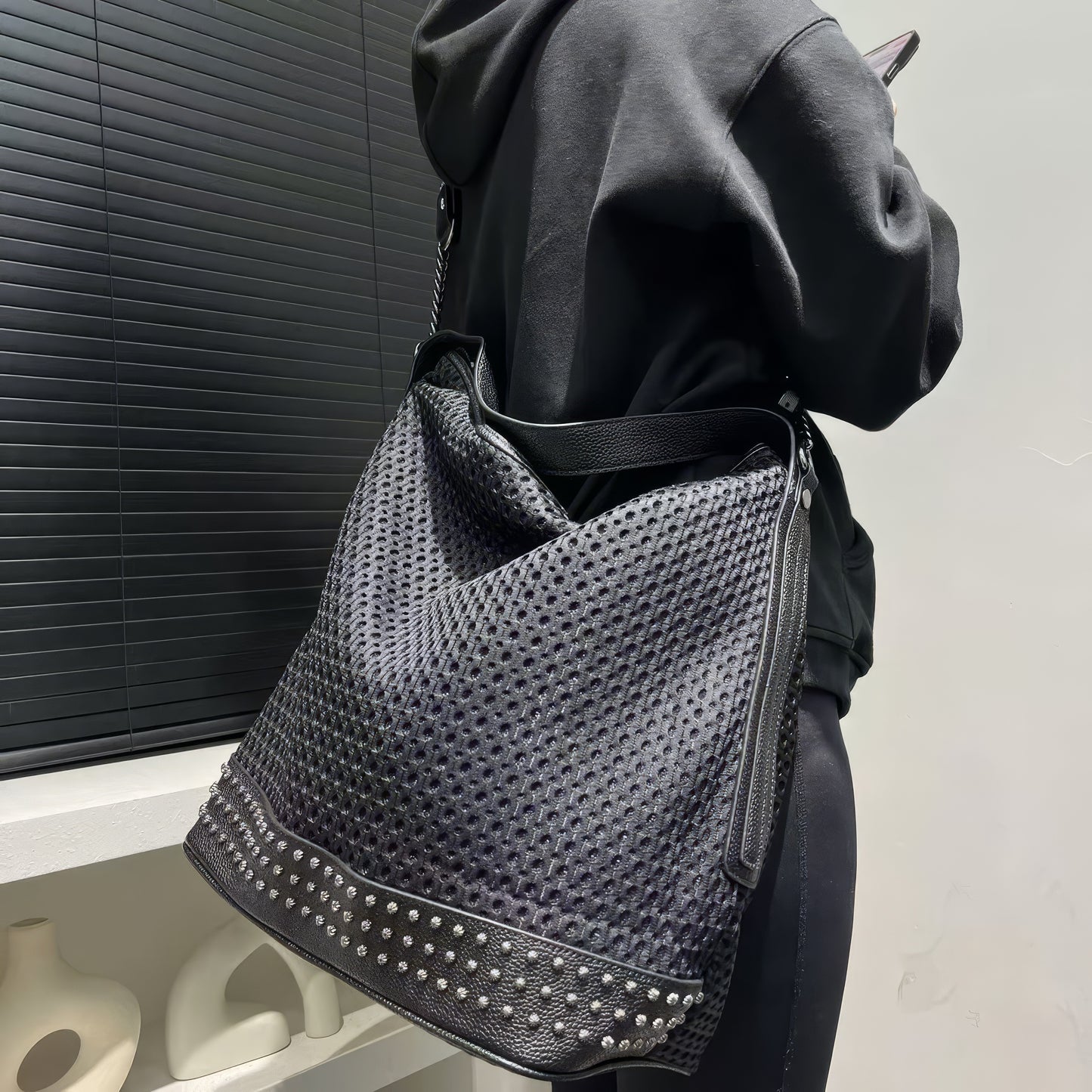 Textured Perforated Stud Shoulder Bag