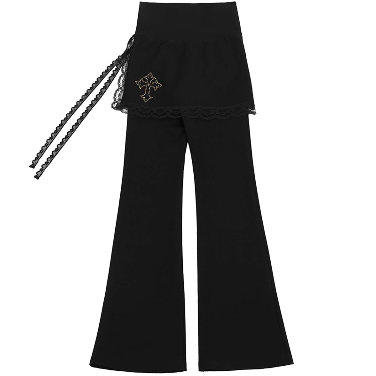 Lace Trim Flared Pants with Layered Skirt Detail
