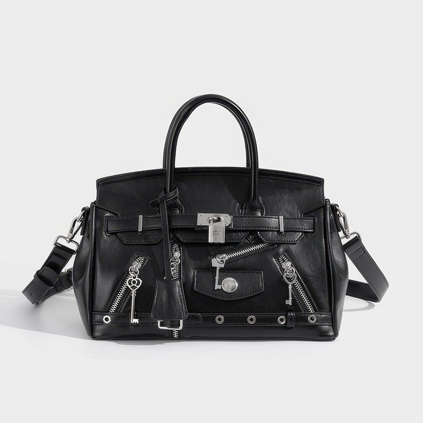 Zipper Belt Accent Faux Leather Handbag