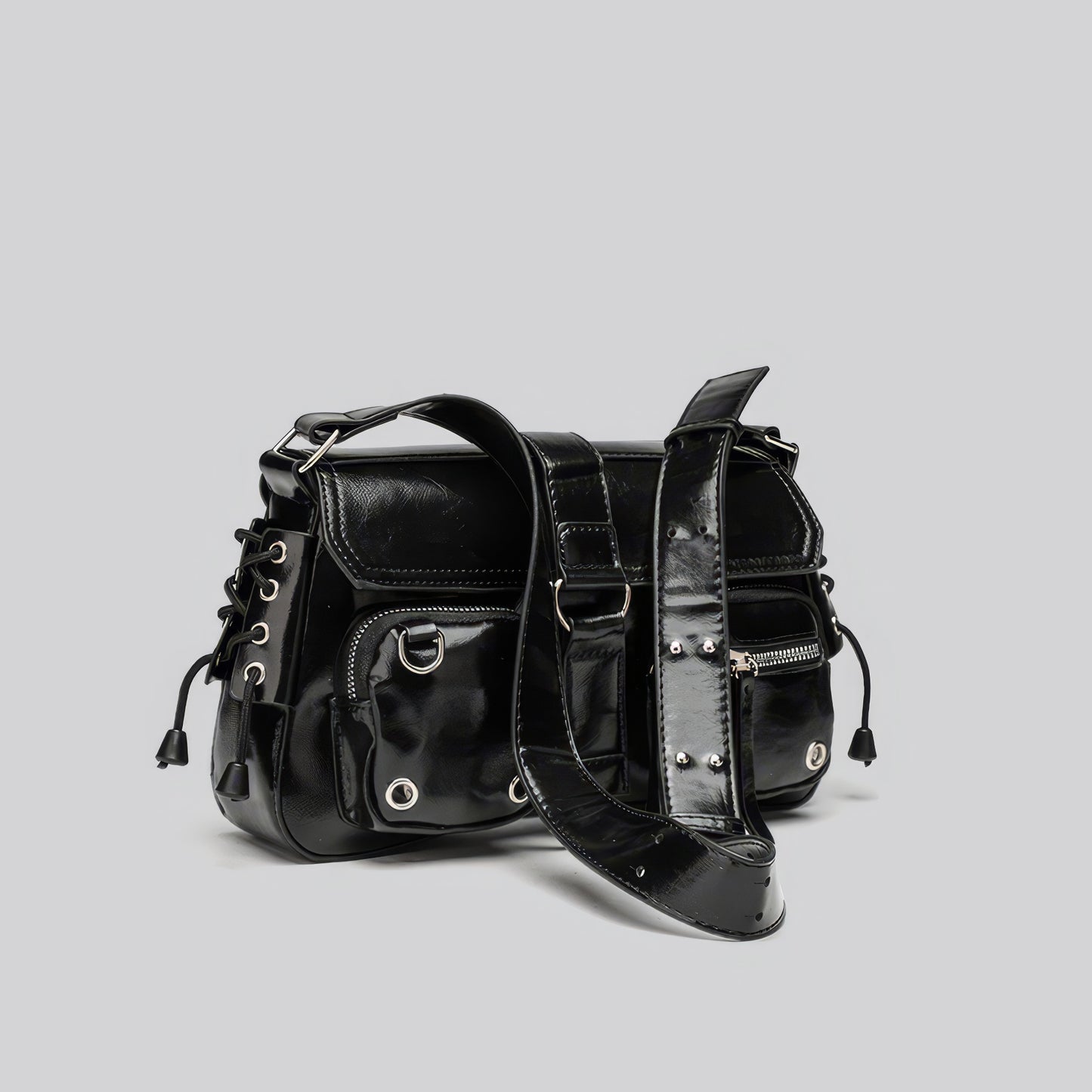 Glossy Buckle Multi-Pocket Shoulder Bag
