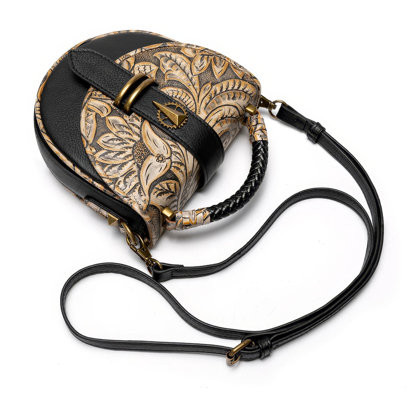 Vintage Leaf Embossed Saddle Crossbody Bag