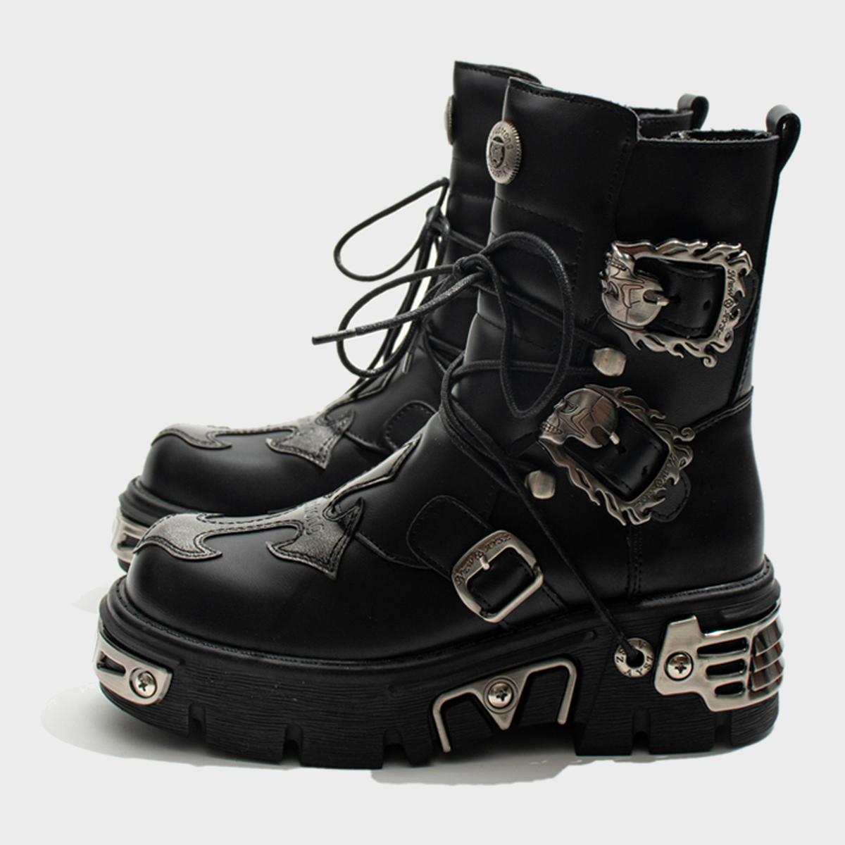 Flame Buckle Metal Accent Platform Boots