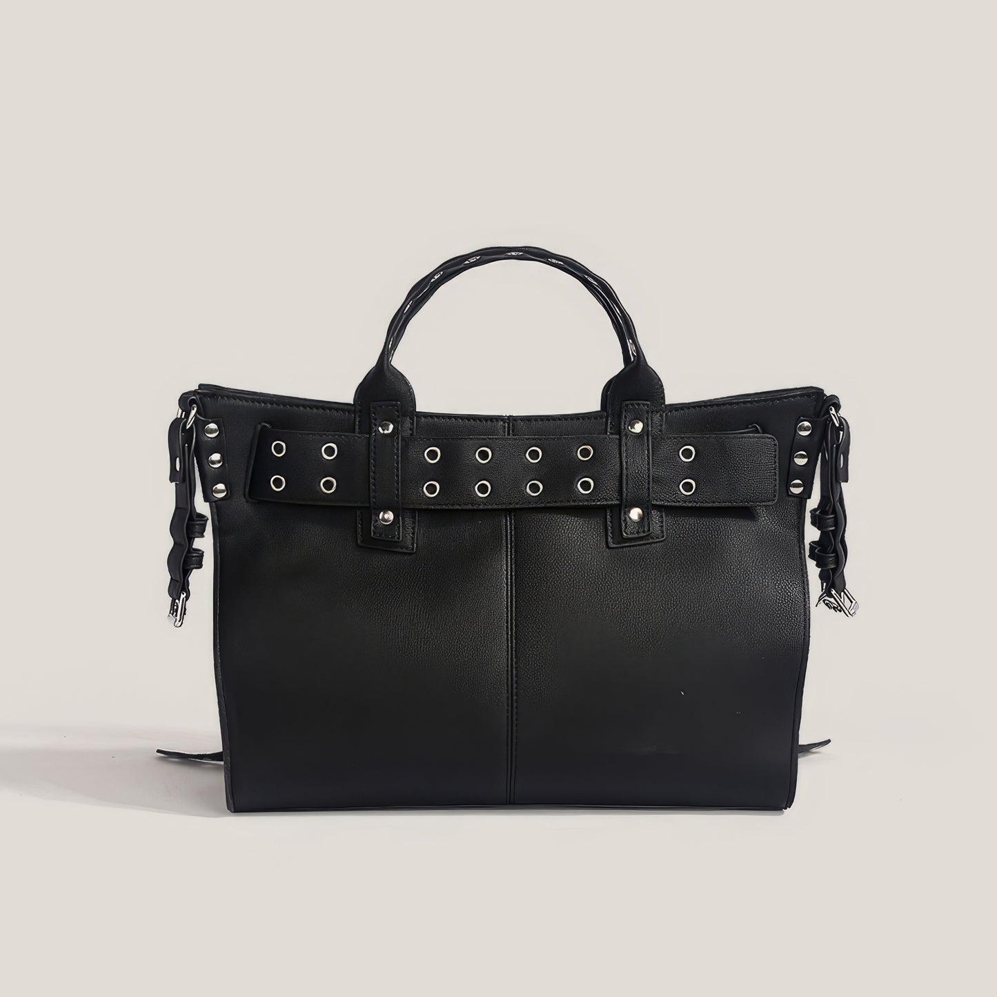 Buckle Strap Grommet Detail Black Tote Bag