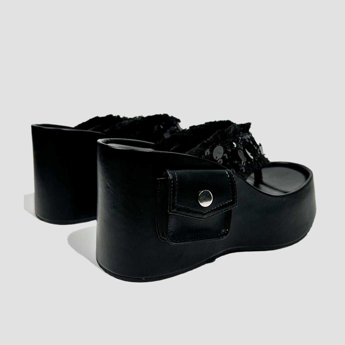 Black Sequin Fringe Platform Slides