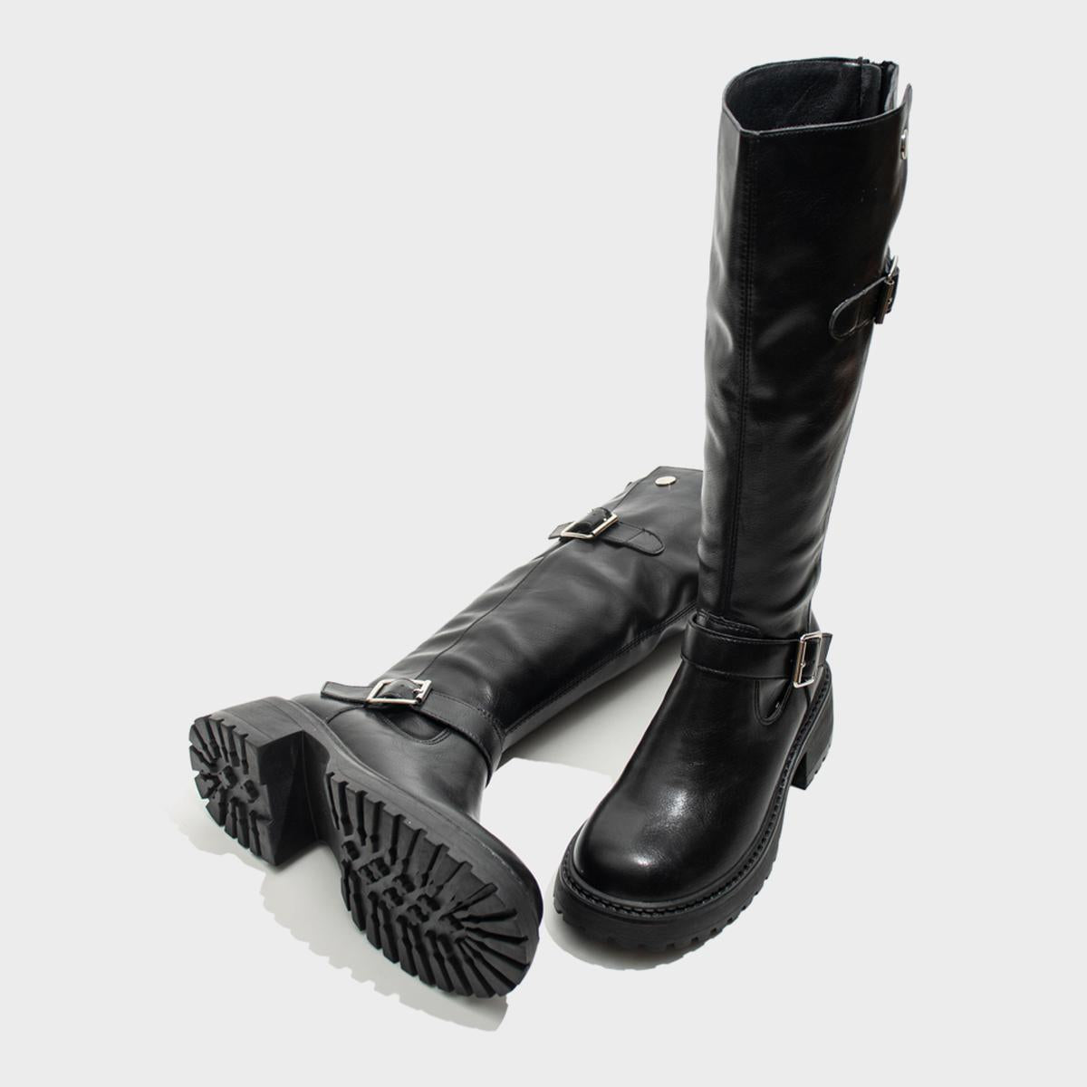 Black Buckled Knee-High Boots