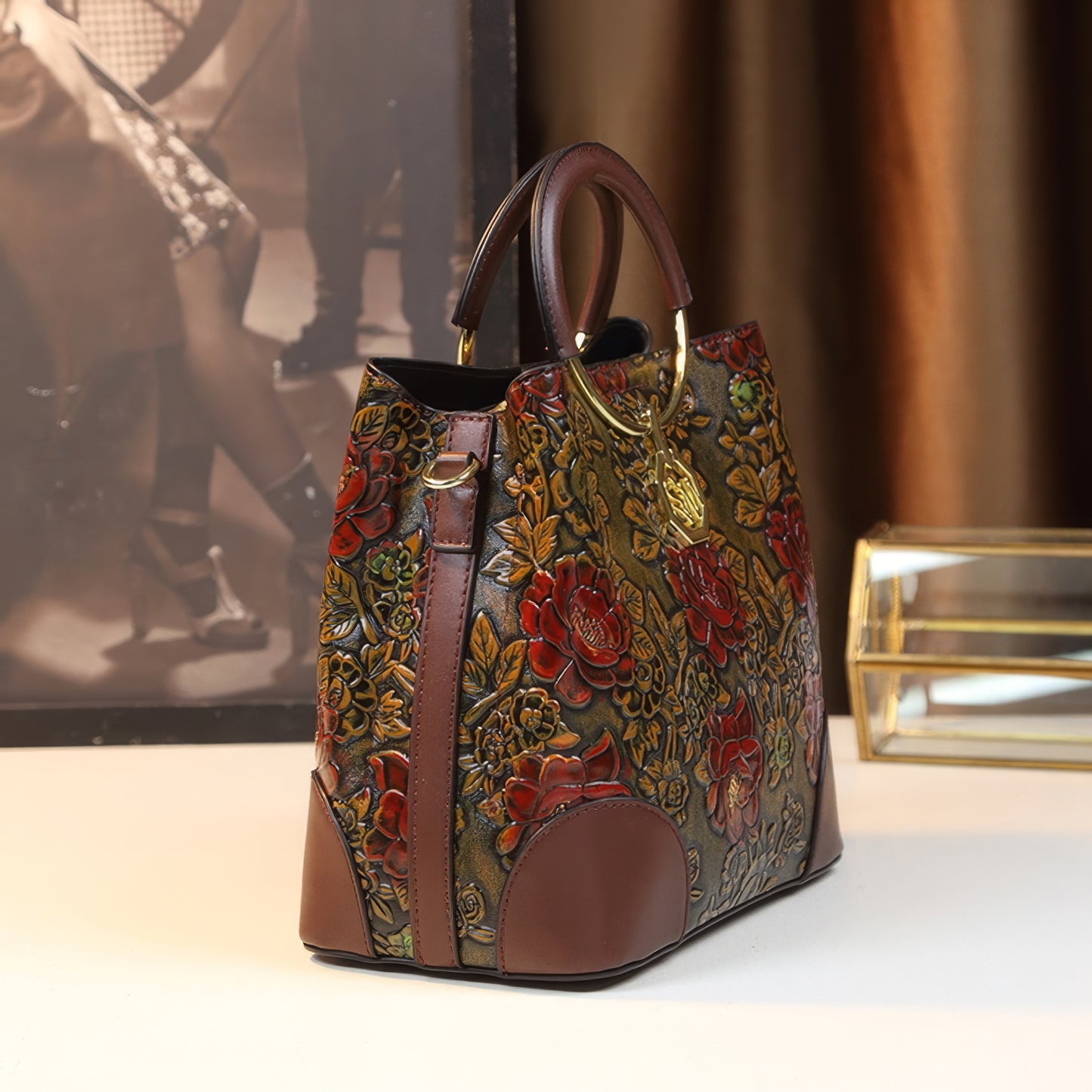 Structured Embossed Rose Top Handle Bag