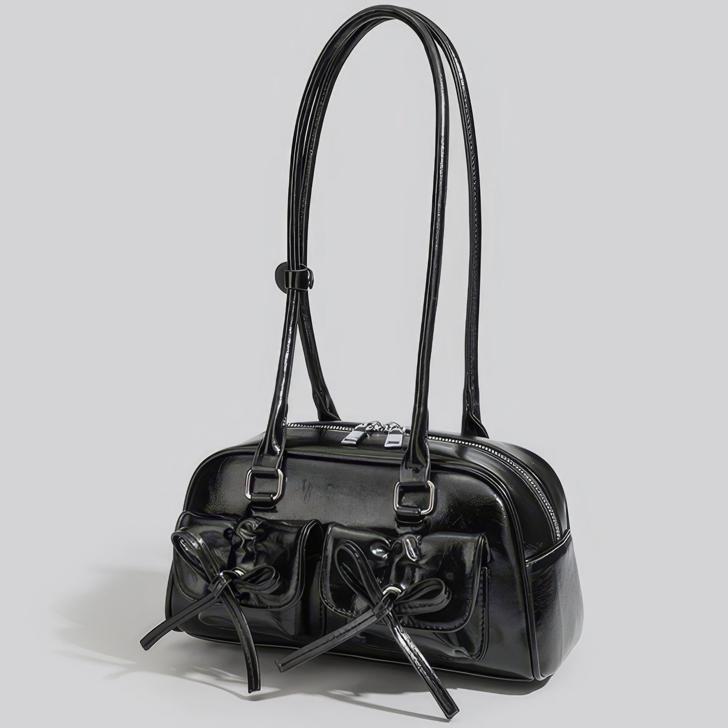 Glossy Bow Pocket Double Strap Shoulder Bag