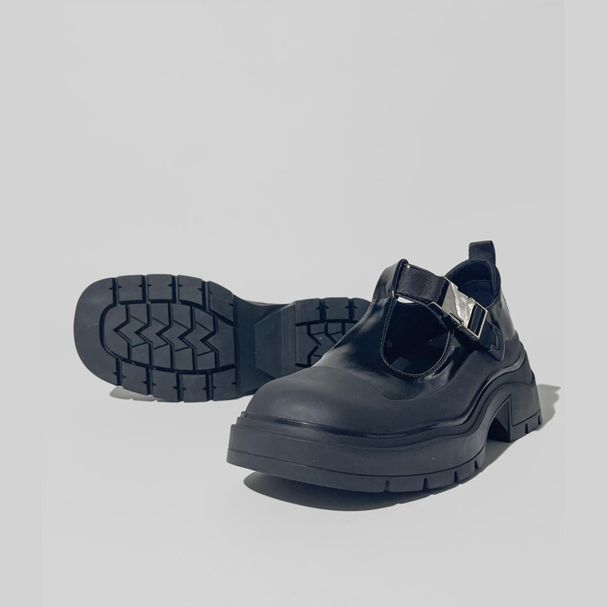 Black Patent Chunky T-Strap Shoes