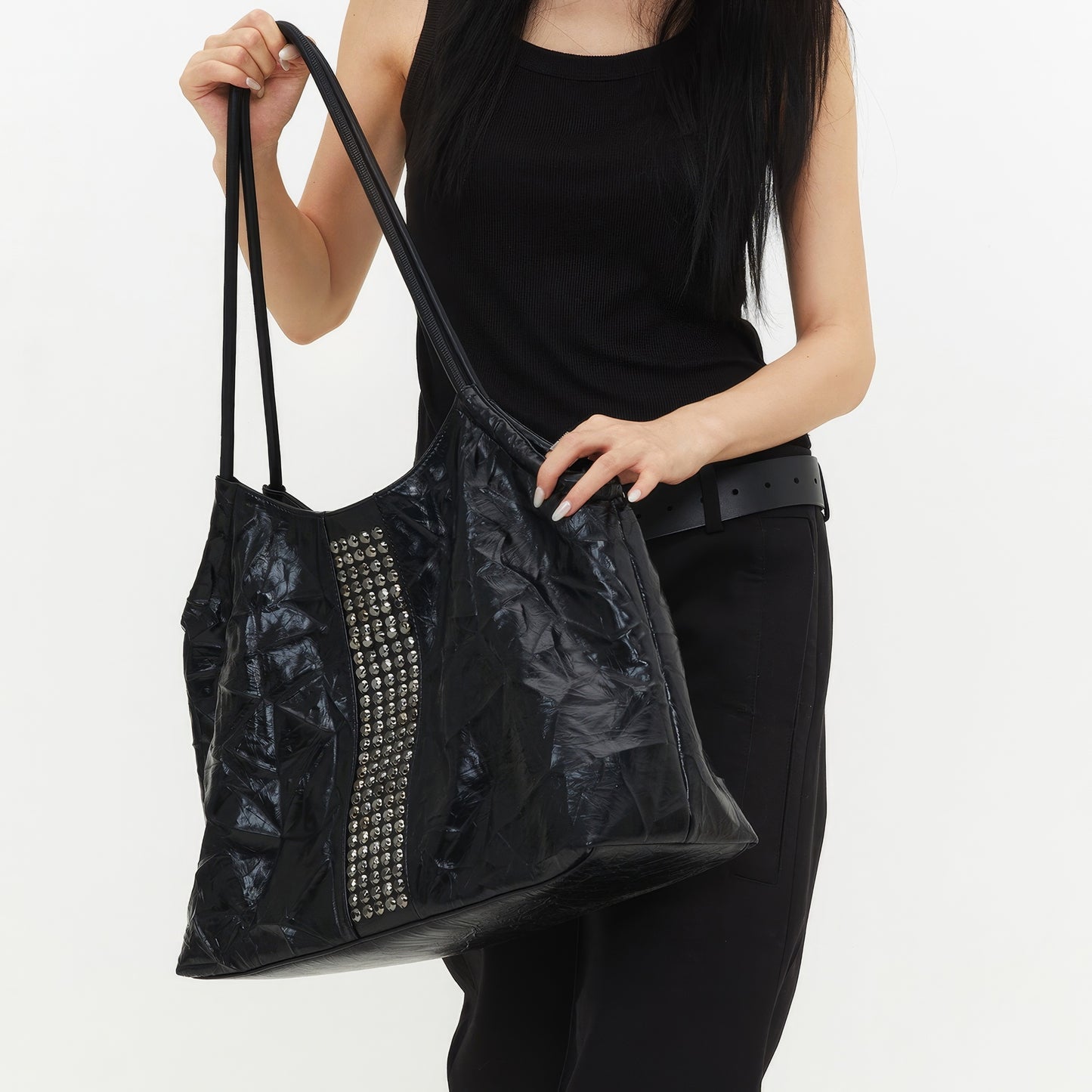 Crinkled Patent Studded Shoulder Bag