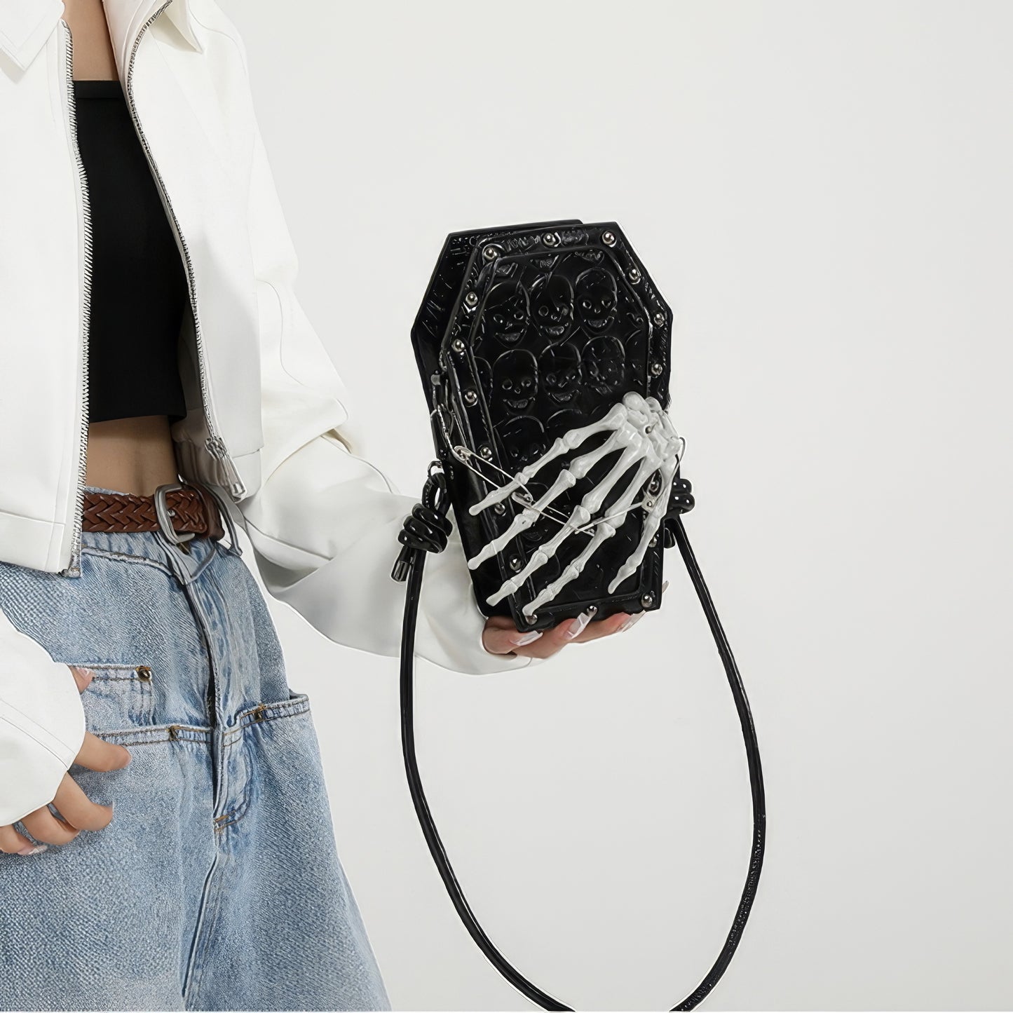 Skeleton Coffin Studded Shoulder Bag