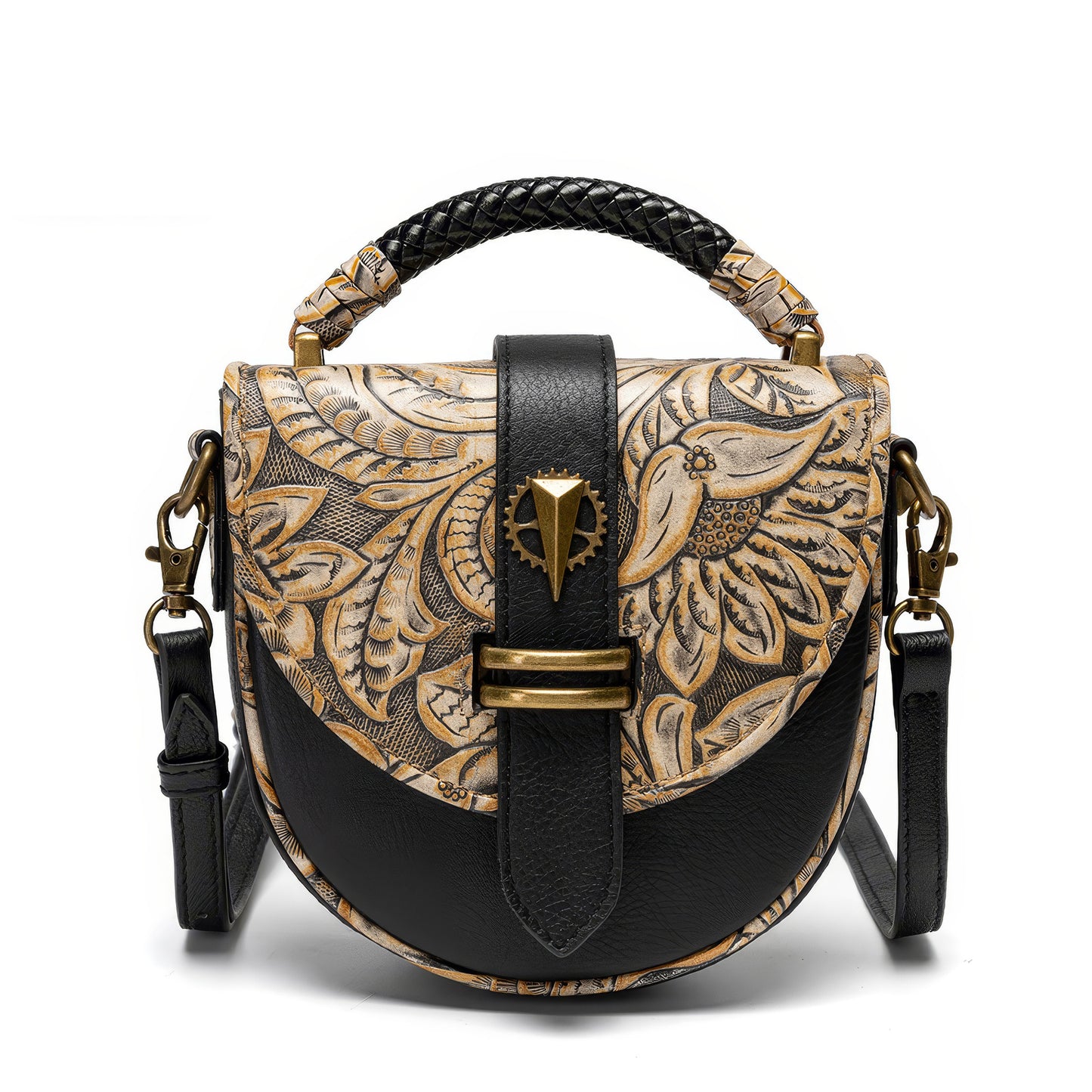 Vintage Leaf Embossed Saddle Crossbody Bag