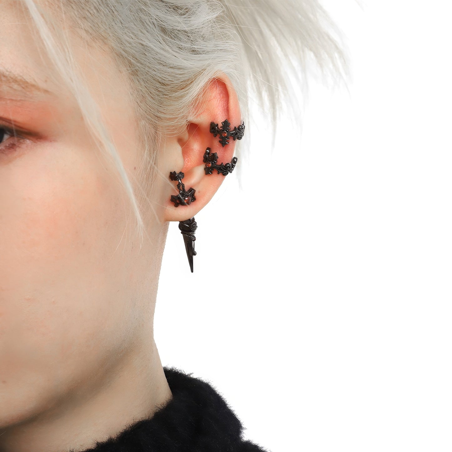 Black Ornate Red Gem Ear Cuffs