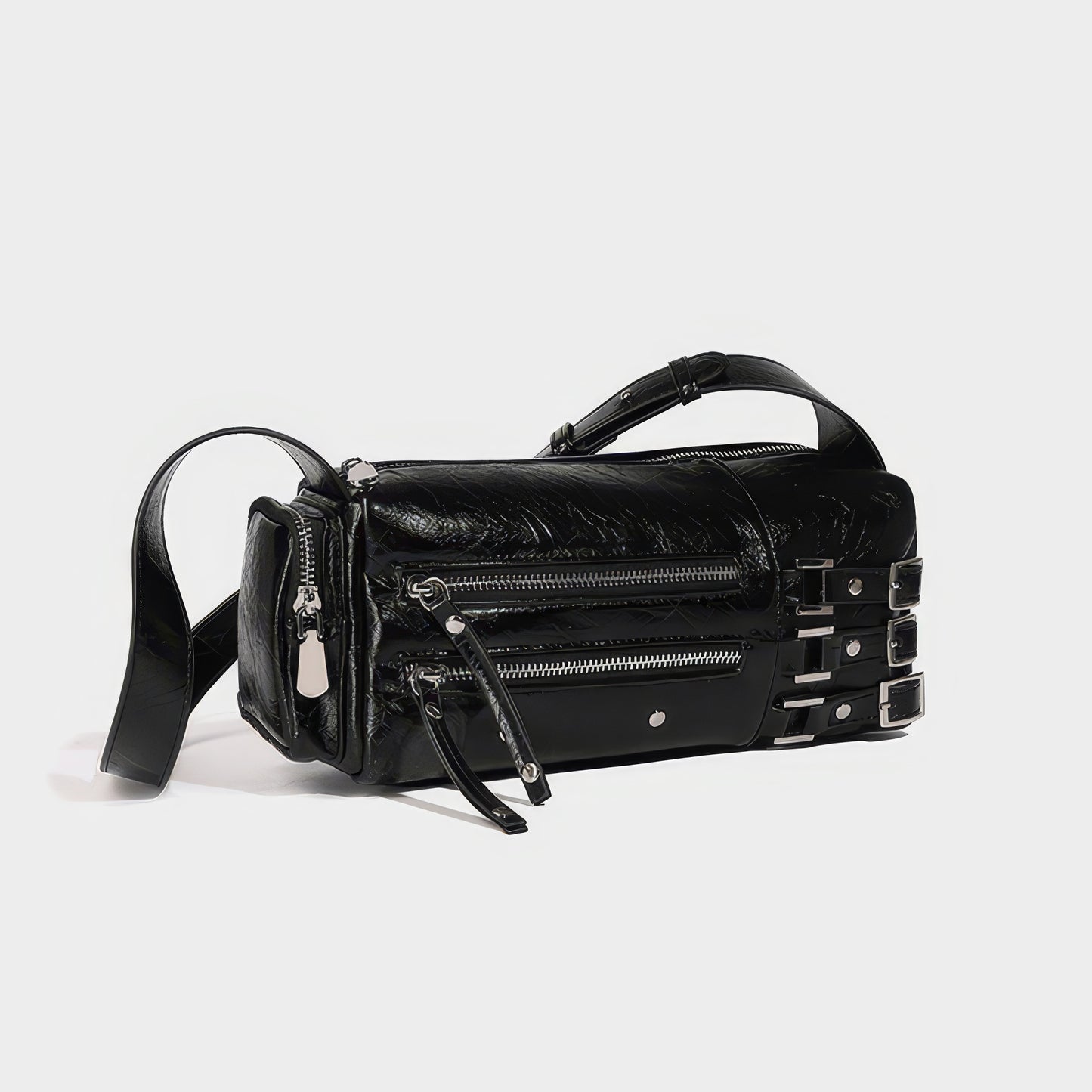 Glossy Buckle Strap Barrel Shoulder Bag
