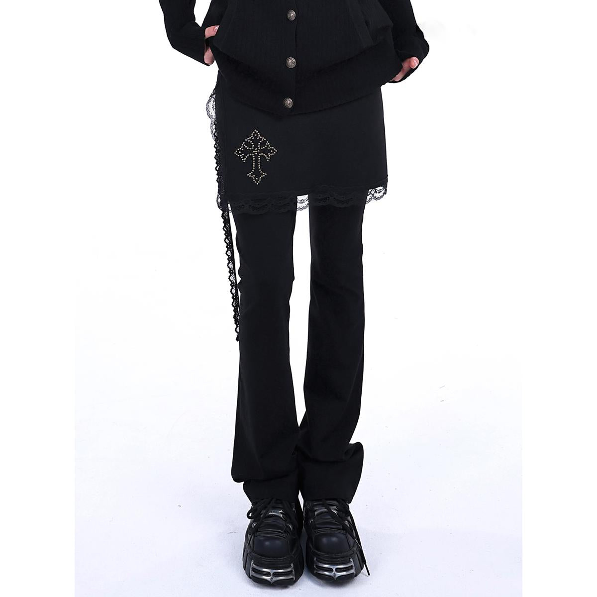 Lace Trim Flared Pants with Layered Skirt Detail