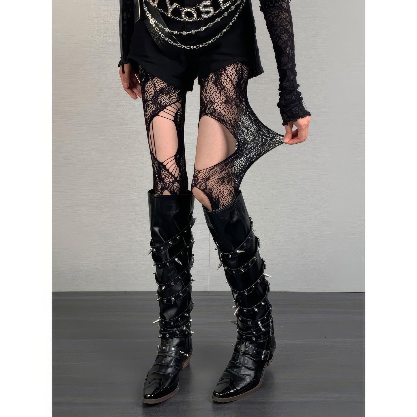 Distressed Cutout Spider Lace Tights