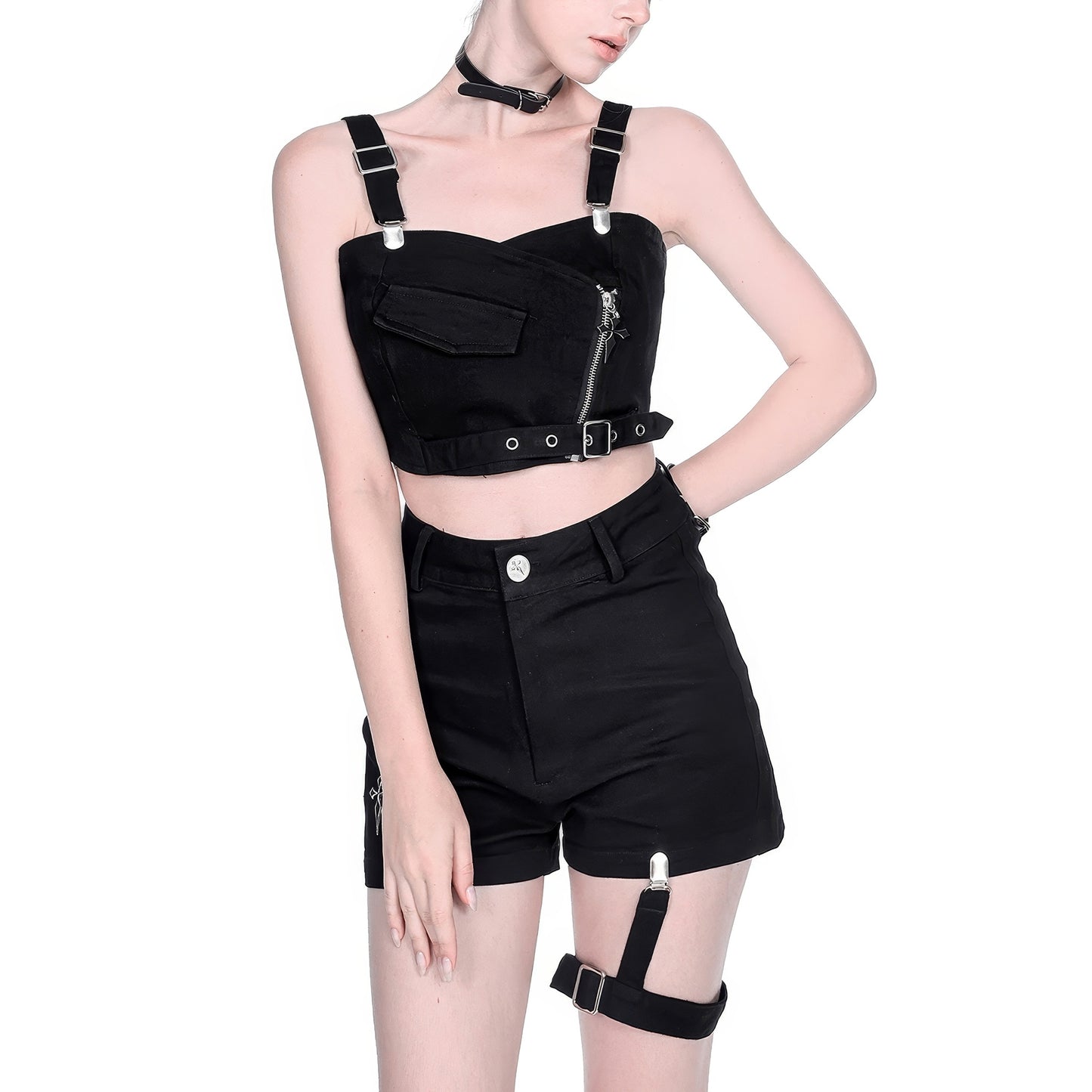 Belted Zipper Strap Crop Top