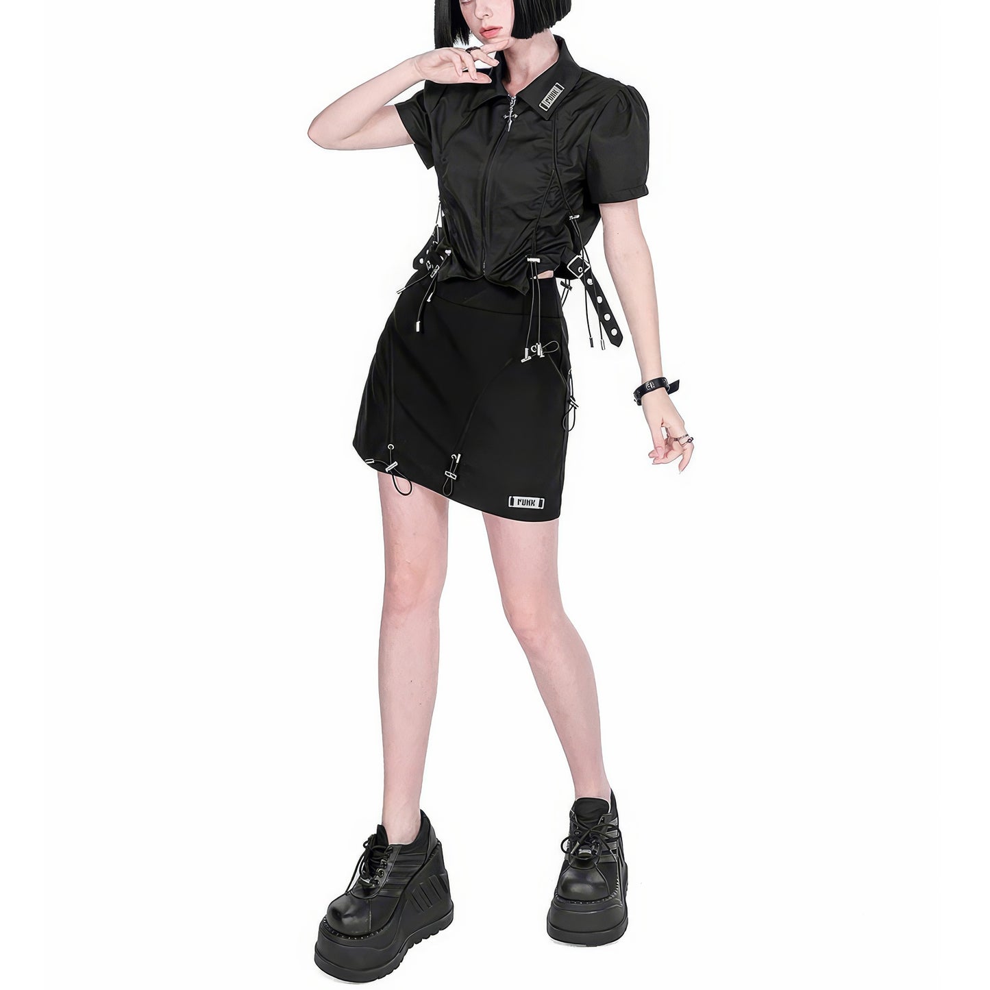Buckle Strap Drawstring Puff Sleeve Top