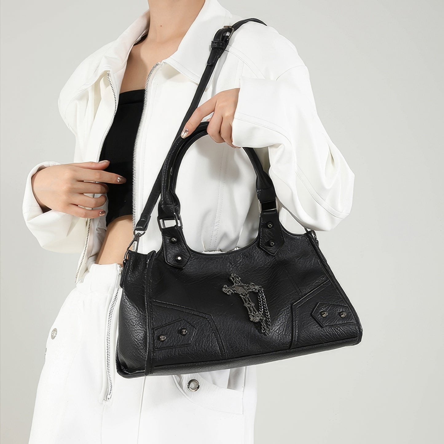 Black Cross Chain Faux Leather Handbag