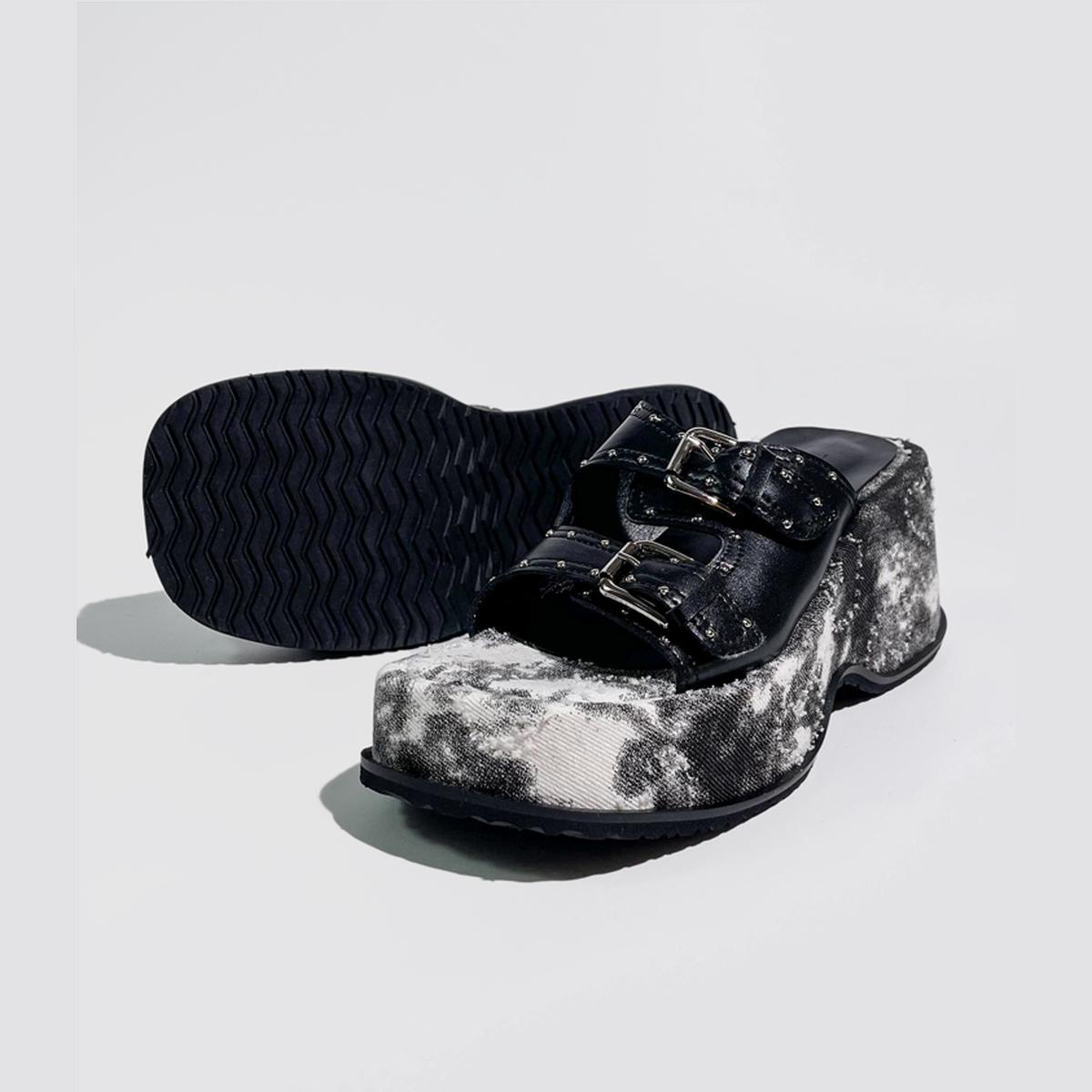 Black Buckle Tie-Dye Platform Mules