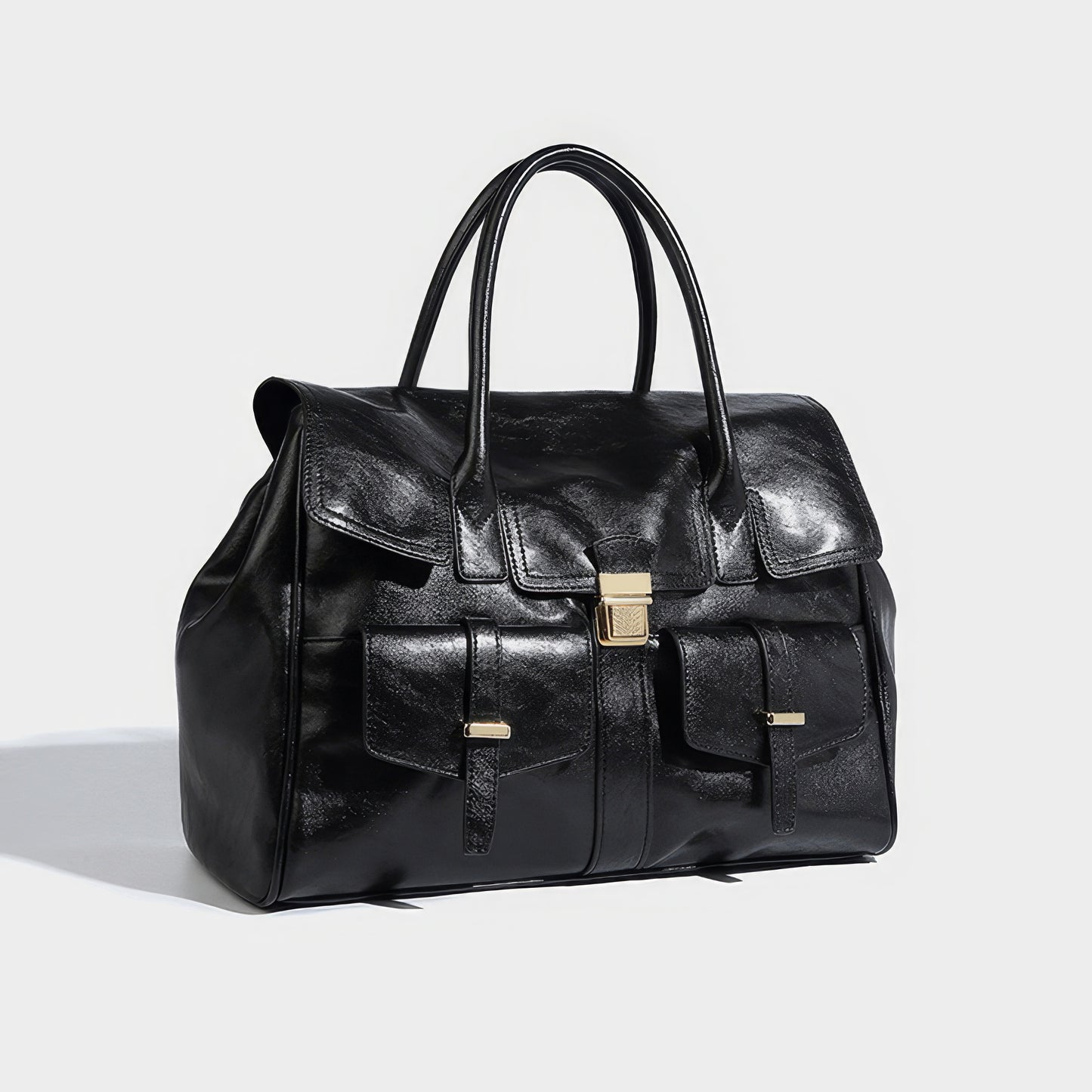 Structured Glossy Pocket Detail Tote Bag