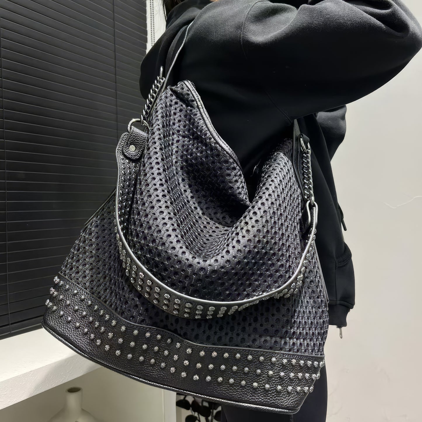 Textured Perforated Stud Shoulder Bag
