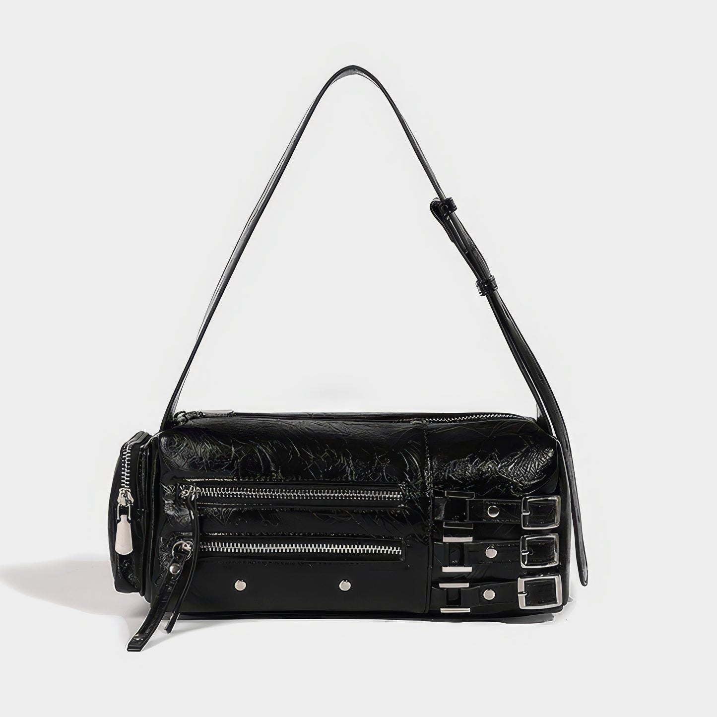 Glossy Buckle Strap Barrel Shoulder Bag