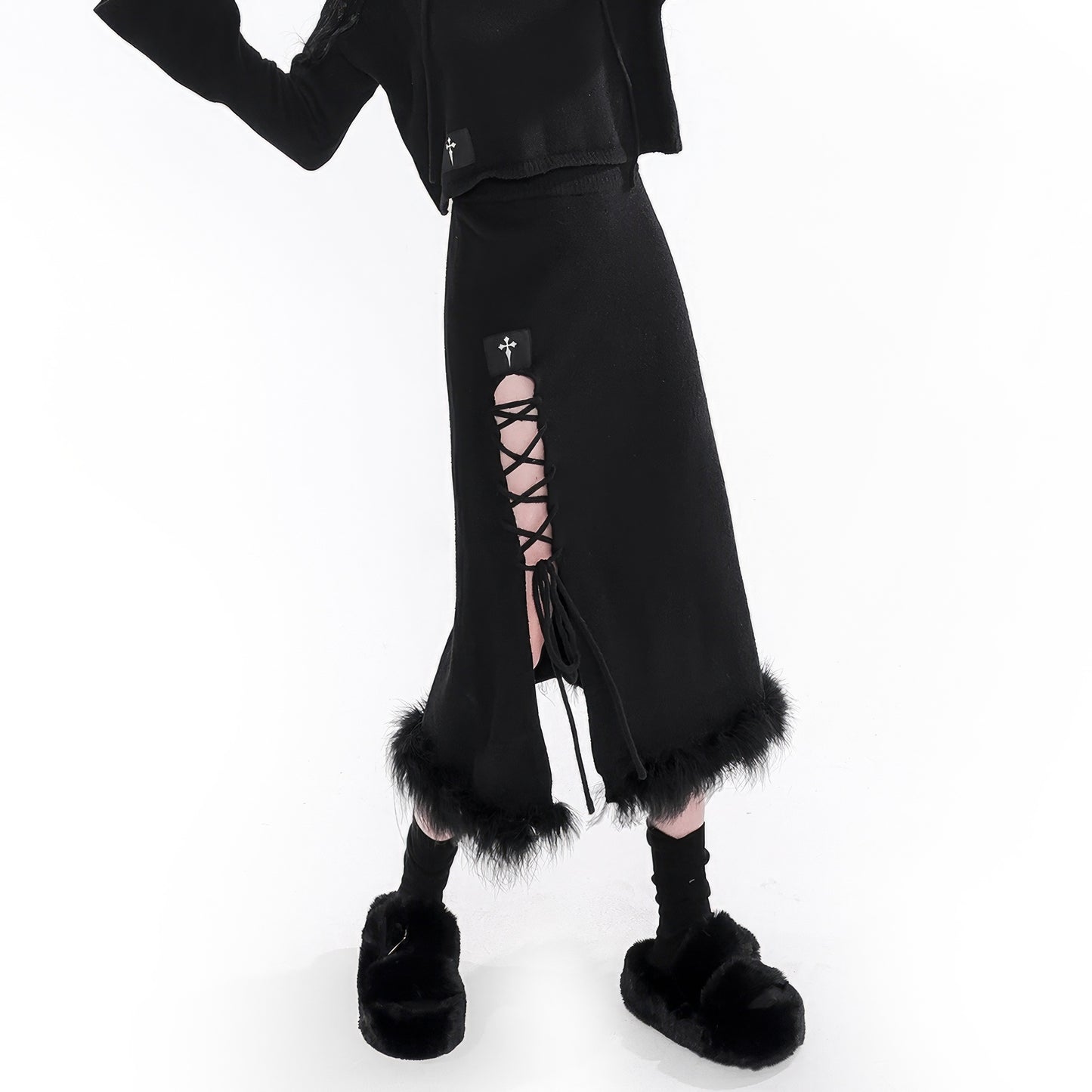 Faux Fur Hem Knit Skirt with Side Lace-Up Detail