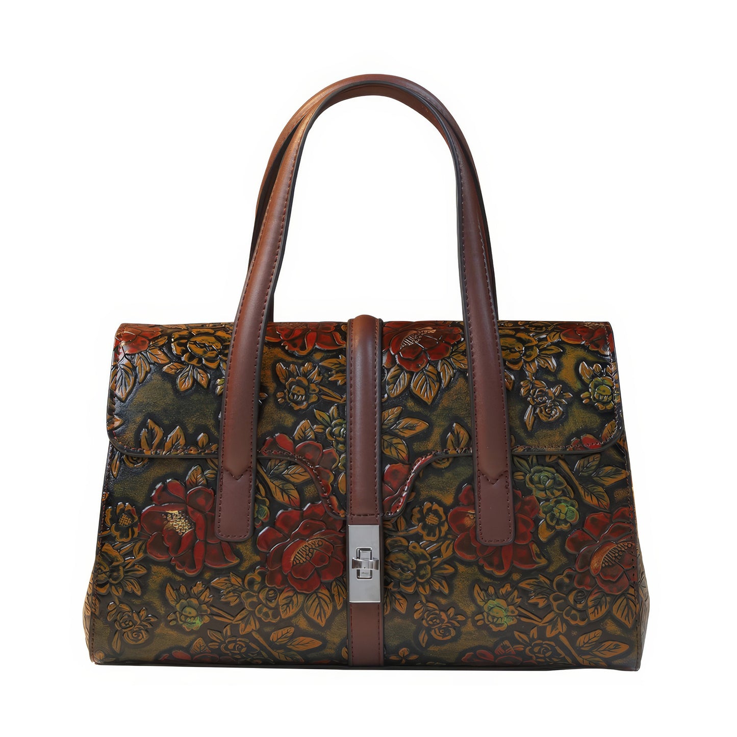 Embossed Vintage Floral Brown Handle Bag