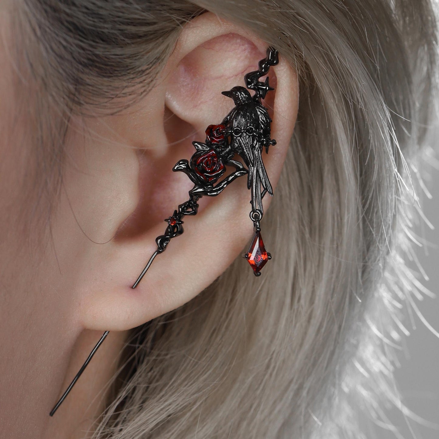 Rose Thorn Raven Ear Climber Earring