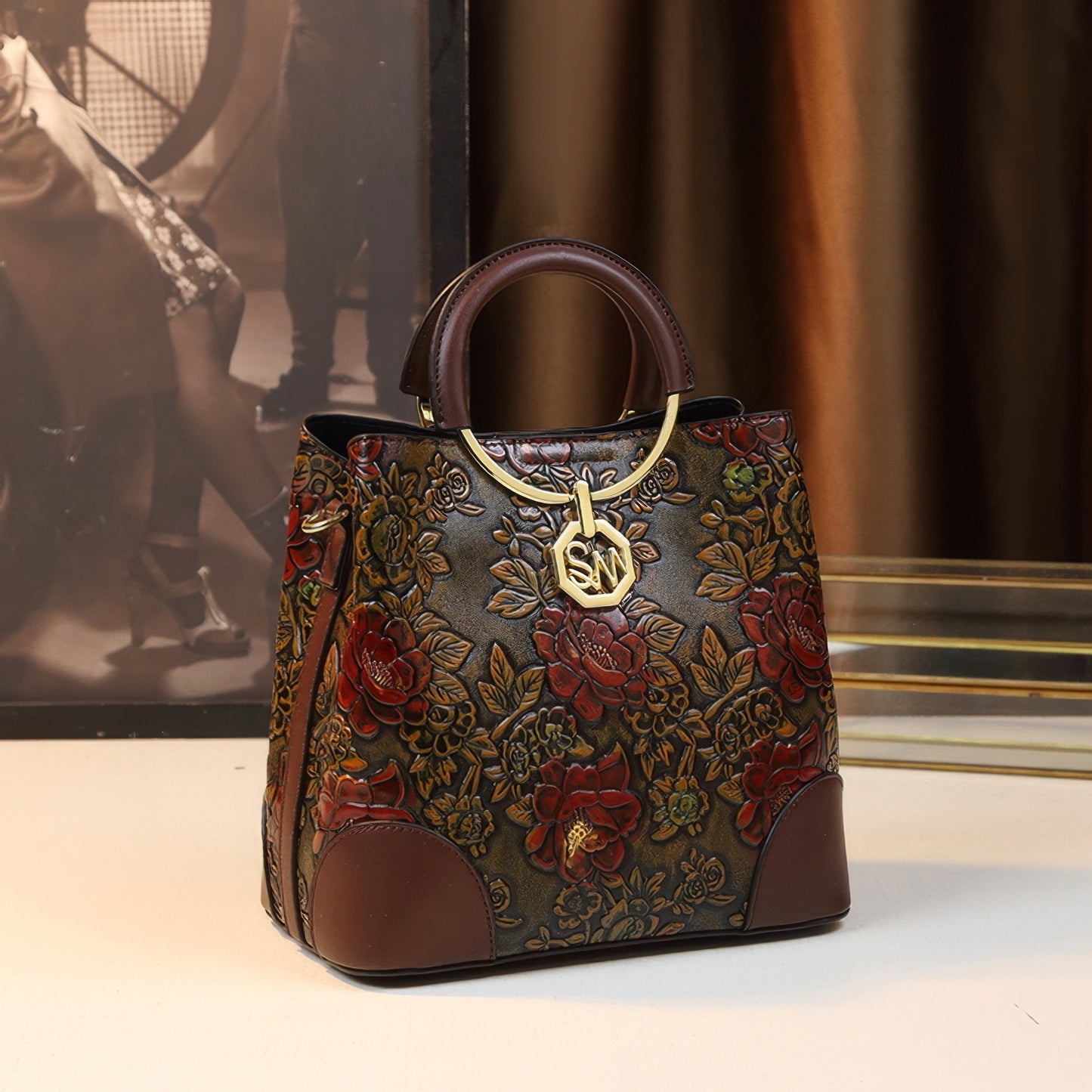 Structured Embossed Rose Top Handle Bag