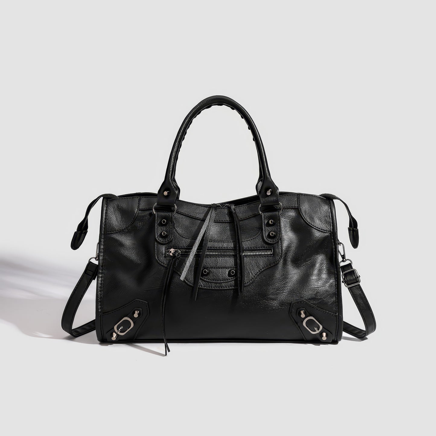 Textured Zip Accent Black Shoulder Bag