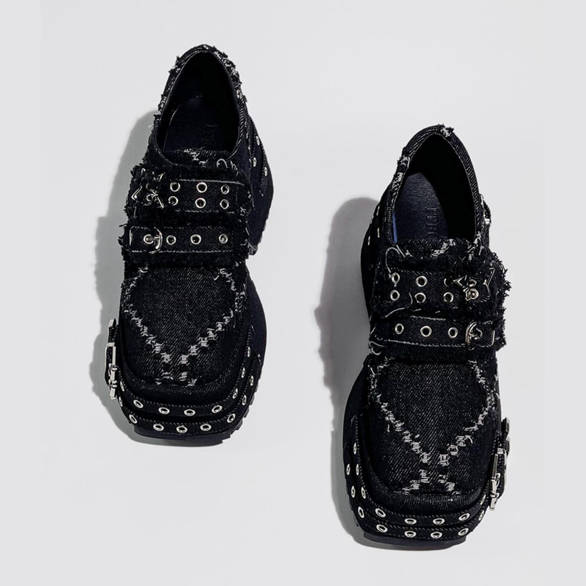 Black Distressed Denim Platform Shoes