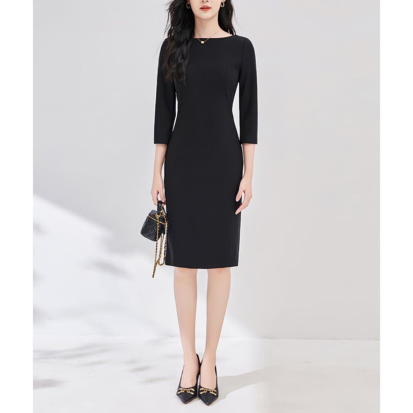 Boat Neck Fitted Black Midi Dress