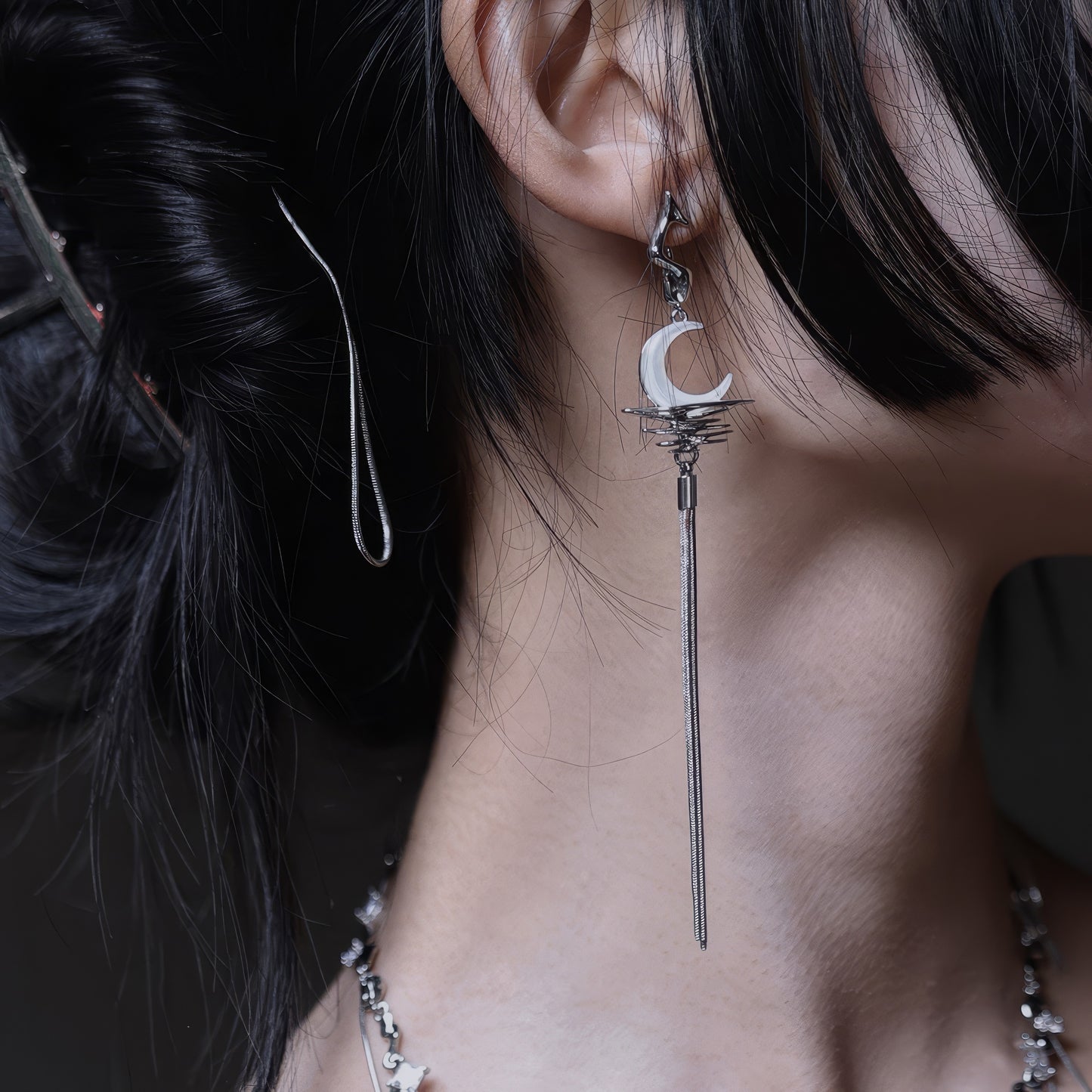 Crescent Moon Tassel Drop Earrings