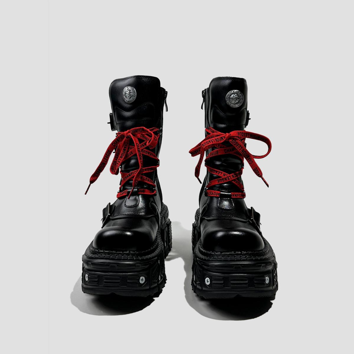 Black Buckle Strap Platform Combat Boots with Red Laces